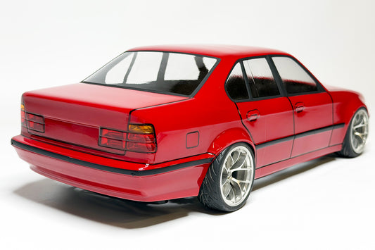 E34 Sedan 1/10 RC body shell rear view with realistic classic sedan styling