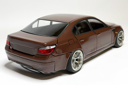 E60 1/10 RC body shell rear view with realistic modern sedan design