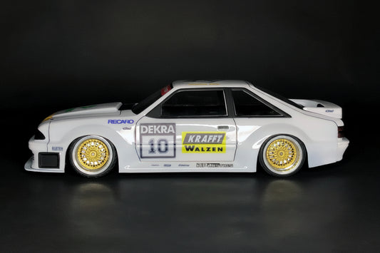 Mustang Fox Body 1993 H.C.W.B. Stang Lexan RC body shell side profile showing widebody proportions and muscular stance