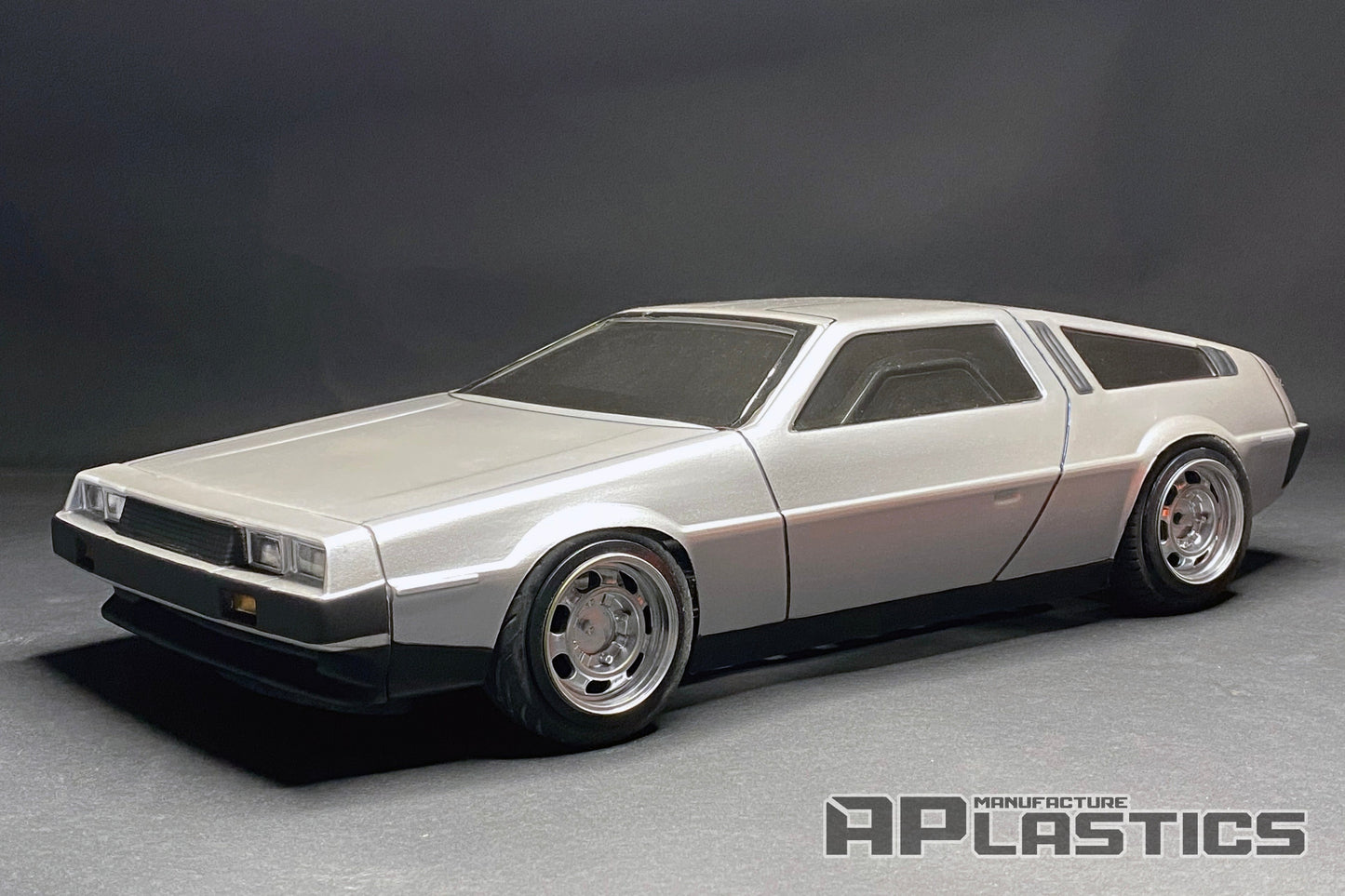 DMC DeLorean 1/10 RC body shell angled view detailed polycarbonate scale model