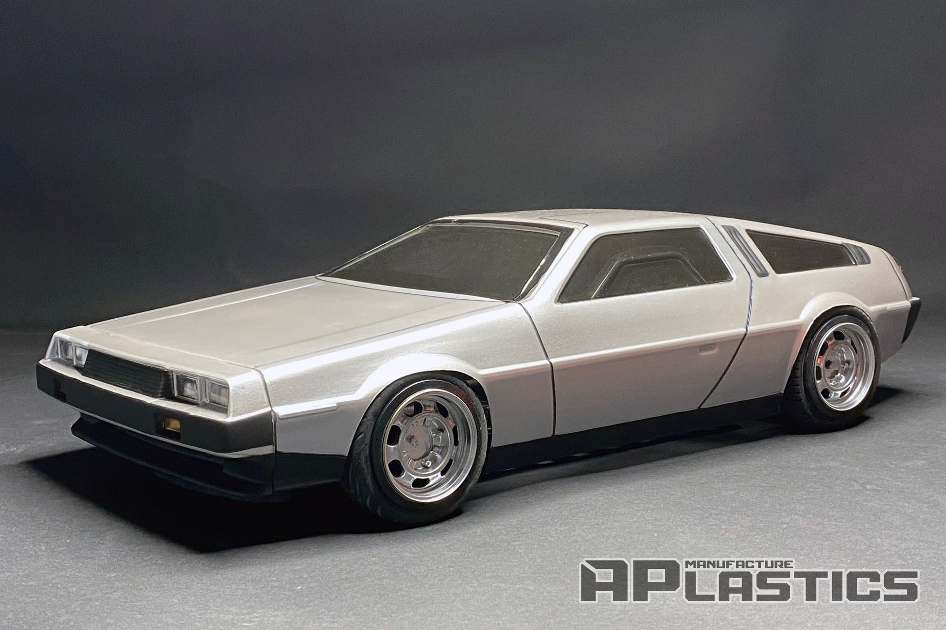DMC DeLorean 1/10 RC body shell angled view detailed polycarbonate scale model