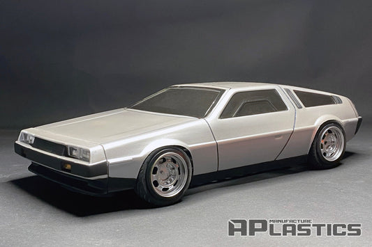 DMC DeLorean 1/10 RC body shell angled view detailed polycarbonate scale model