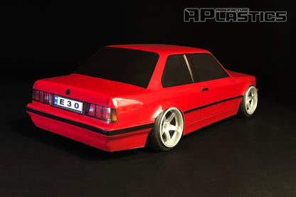 E30 Coupe 1/10 RC body shell rear view with realistic classic styling