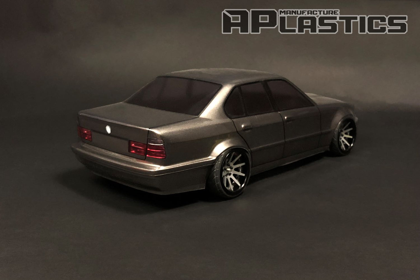 E34 Sedan 1/10 RC body shell rear view with realistic classic sedan styling