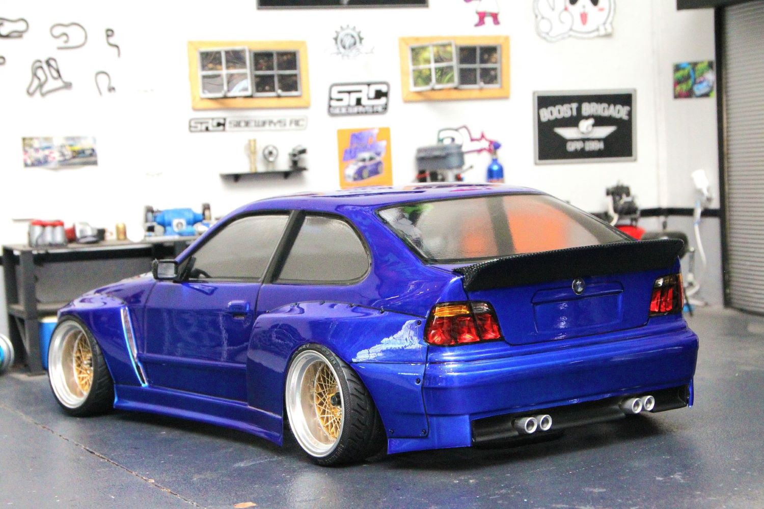 E36 Compact Wide 1/10 RC body shell rear view with integrated ducktail spoiler