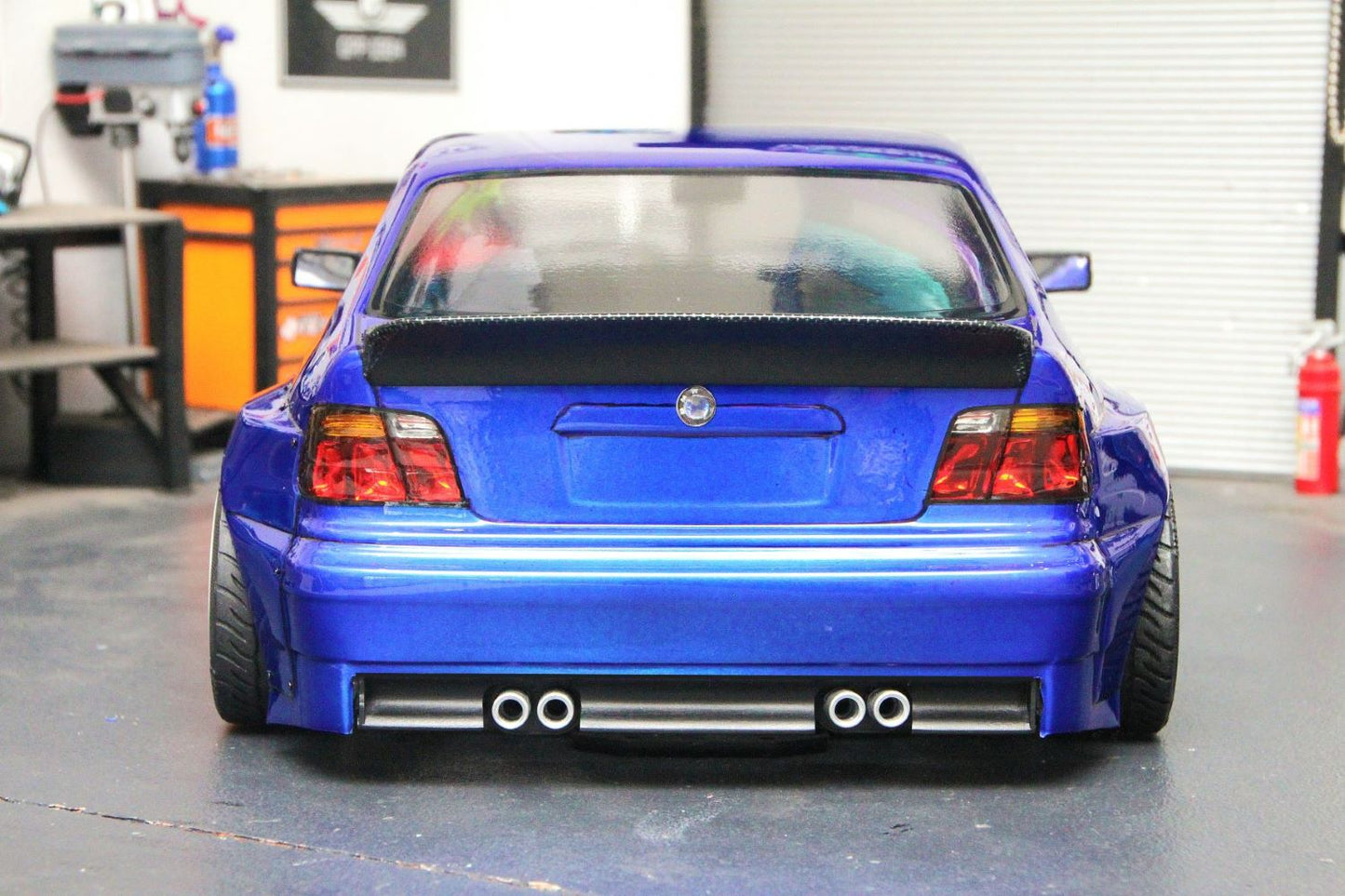 E36 Compact Wide 1/10 RC body shell rear view with integrated ducktail spoiler