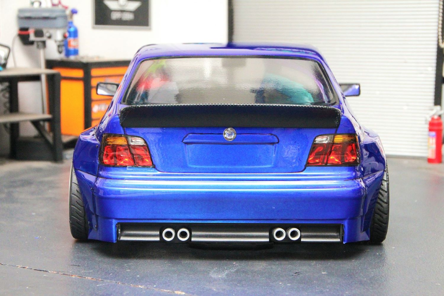 E36 Compact Wide 1/10 RC body shell rear view with integrated ducktail spoiler