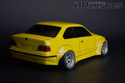 E36 M3 Wide 1/10 RC body shell rear view with integrated ducktail spoiler