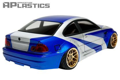 E46 M3 Wide 1/10 RC body shell rear view with realistic performance coupe styling
