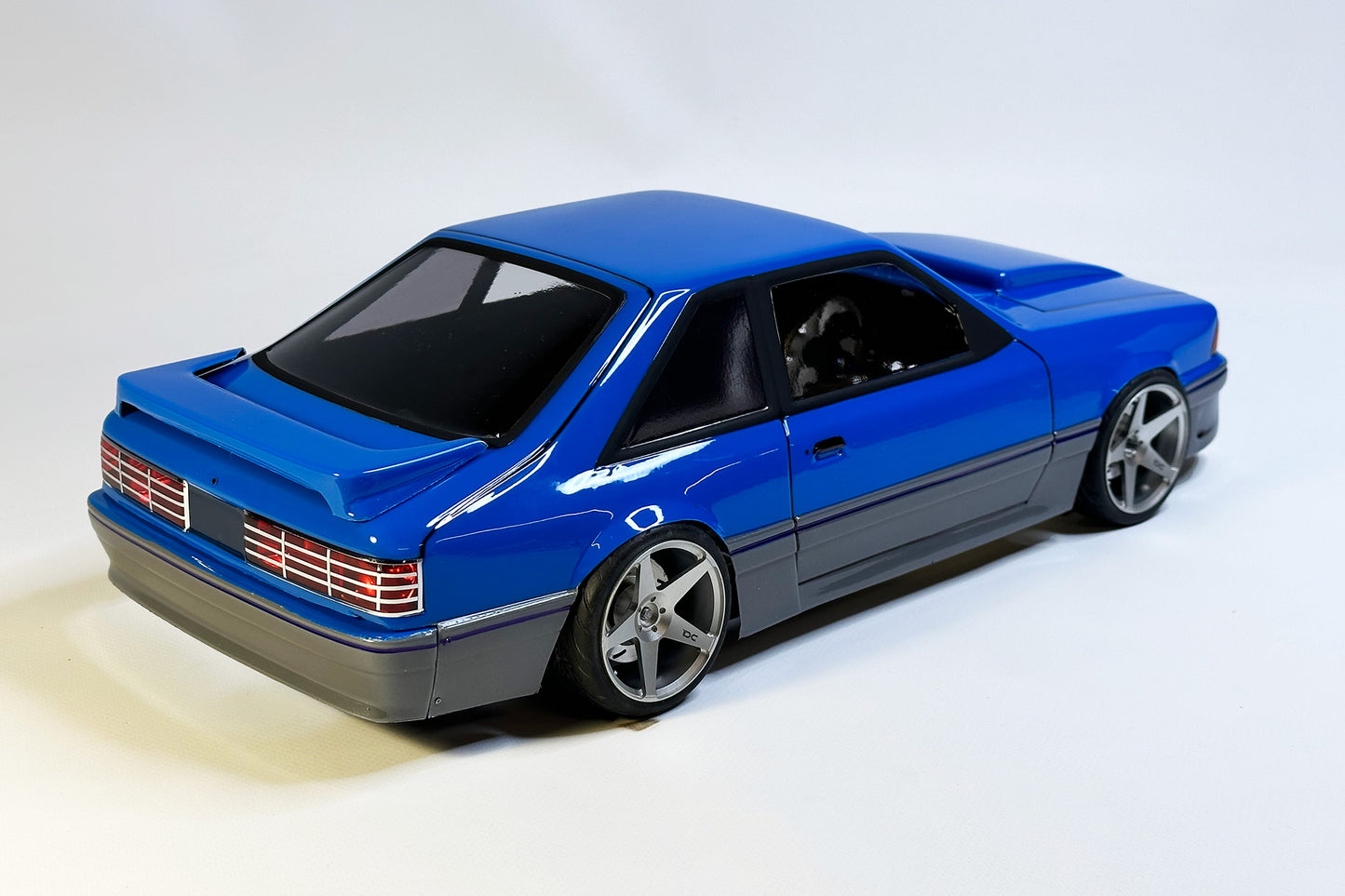 Mustang GT 1990 Foxbody 1/10 RC body shell rear view with distinctive 1990s performance styling