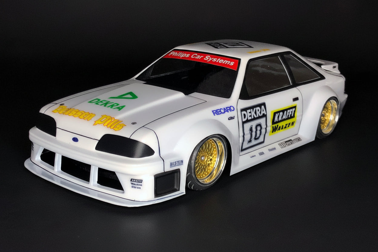 Mustang Fox Body 1993 H.C.W.B. Stang 1/10 RC body shell front view for 255–260mm wheelbase drift chassis