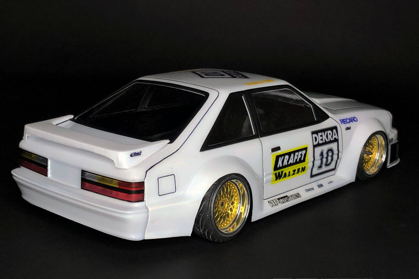 Mustang Fox Body 1993 H.C.W.B. Stang 1/10 RC body shell rear view with custom performance styling