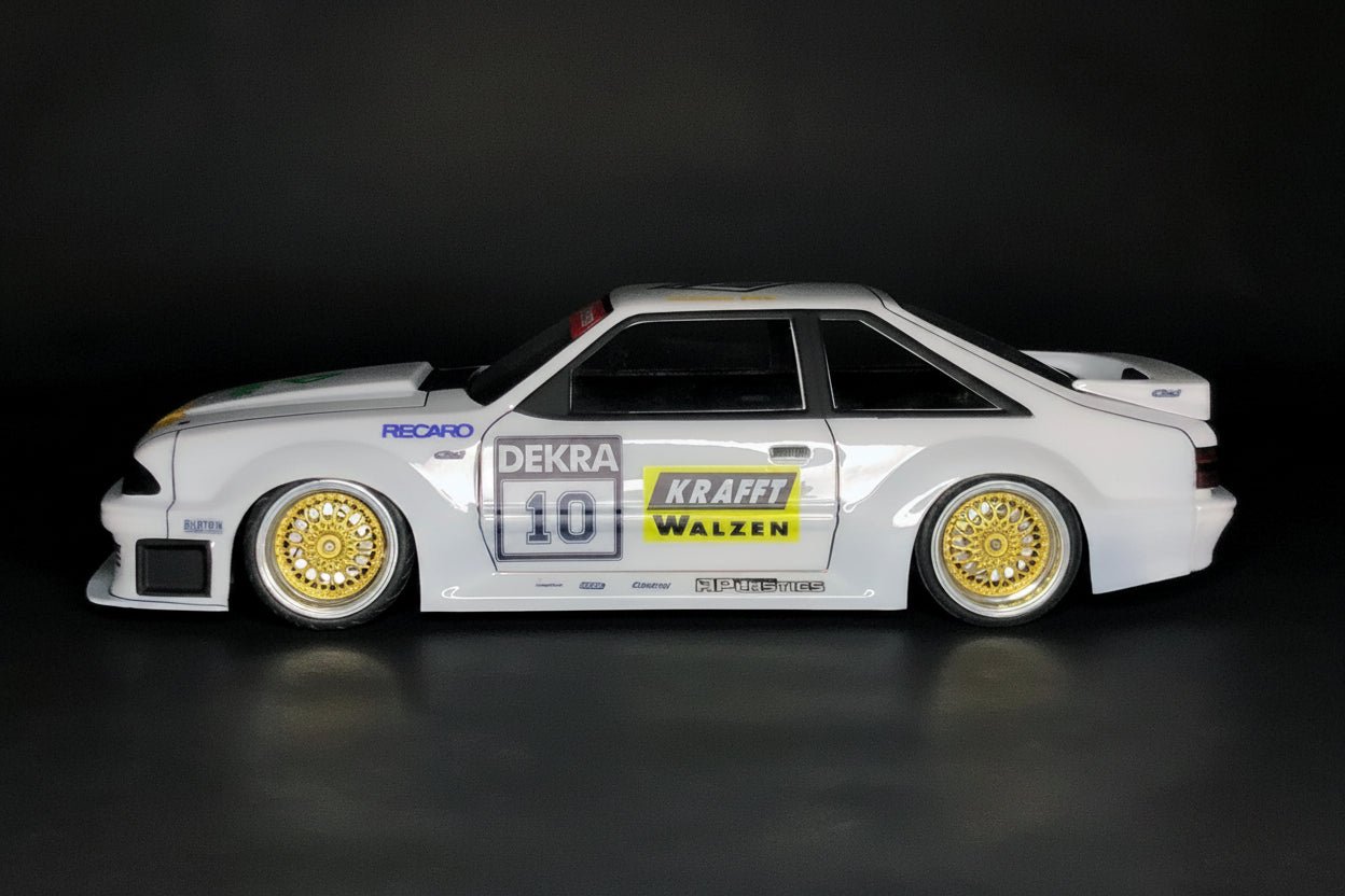 Mustang Fox Body 1993 H.C.W.B. Stang Lexan RC body shell side profile showing widebody proportions and muscular stance