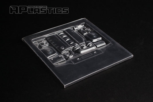 APlastics GM LS2 engine bay in clear Lexan, scale detail for 1/10 RC touring and drift bodies