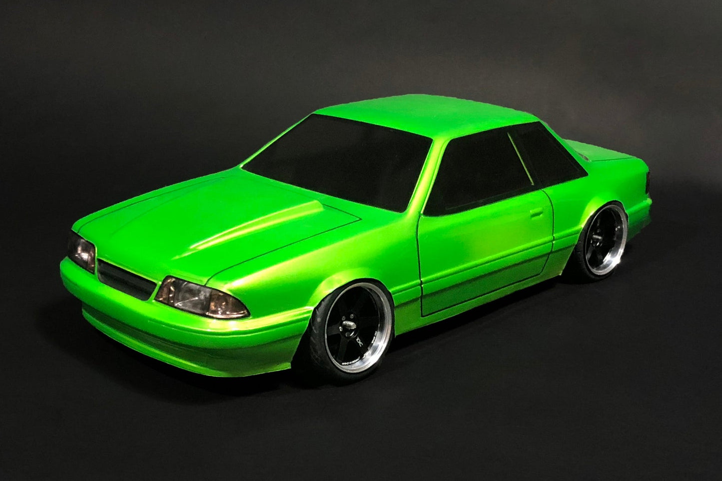 Mustang Notchback 1/10 RC body shell front view for 255–260mm wheelbase drift chassis