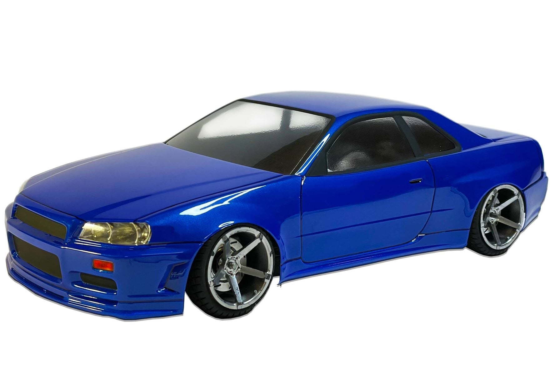 Nissan Skyline R34 1/10 RC body shell front view for 255–260mm wheelbase drift chassis