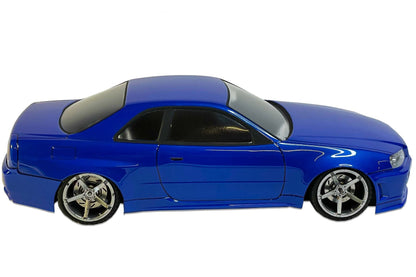 Nissan Skyline R34 Lexan RC body shell side profile showing legendary Japanese sports car proportions