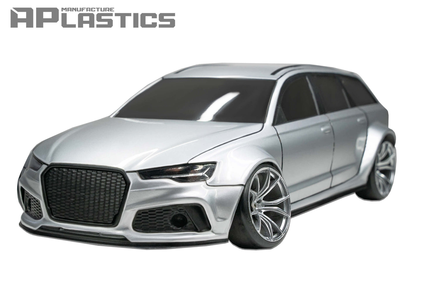Audi RS6 Avant 1/10 RC body shell angled view for 259mm wheelbase drift chassis
