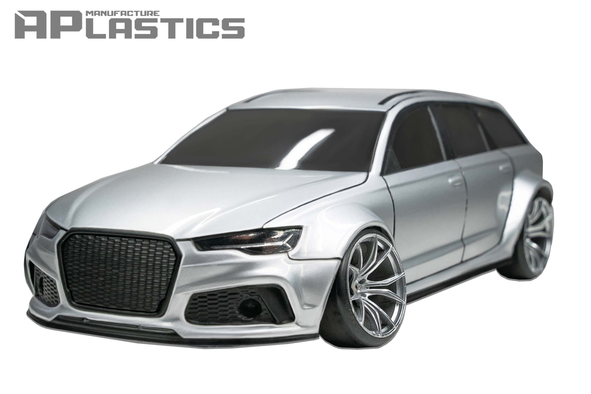 Audi RS6 Avant 1/10 RC body shell angled view for 259mm wheelbase drift chassis