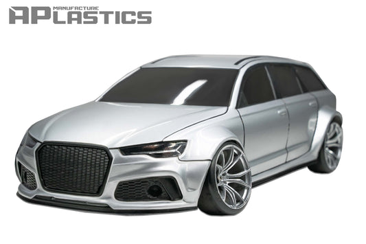 Audi RS6 Avant 1/10 RC body shell angled view for 259mm wheelbase drift chassis
