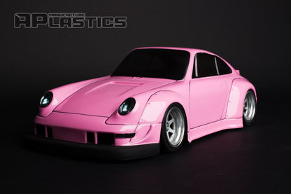 Porsche 911 RWB 1/10 RC body shell front view for 255–260mm wheelbase drift chassis