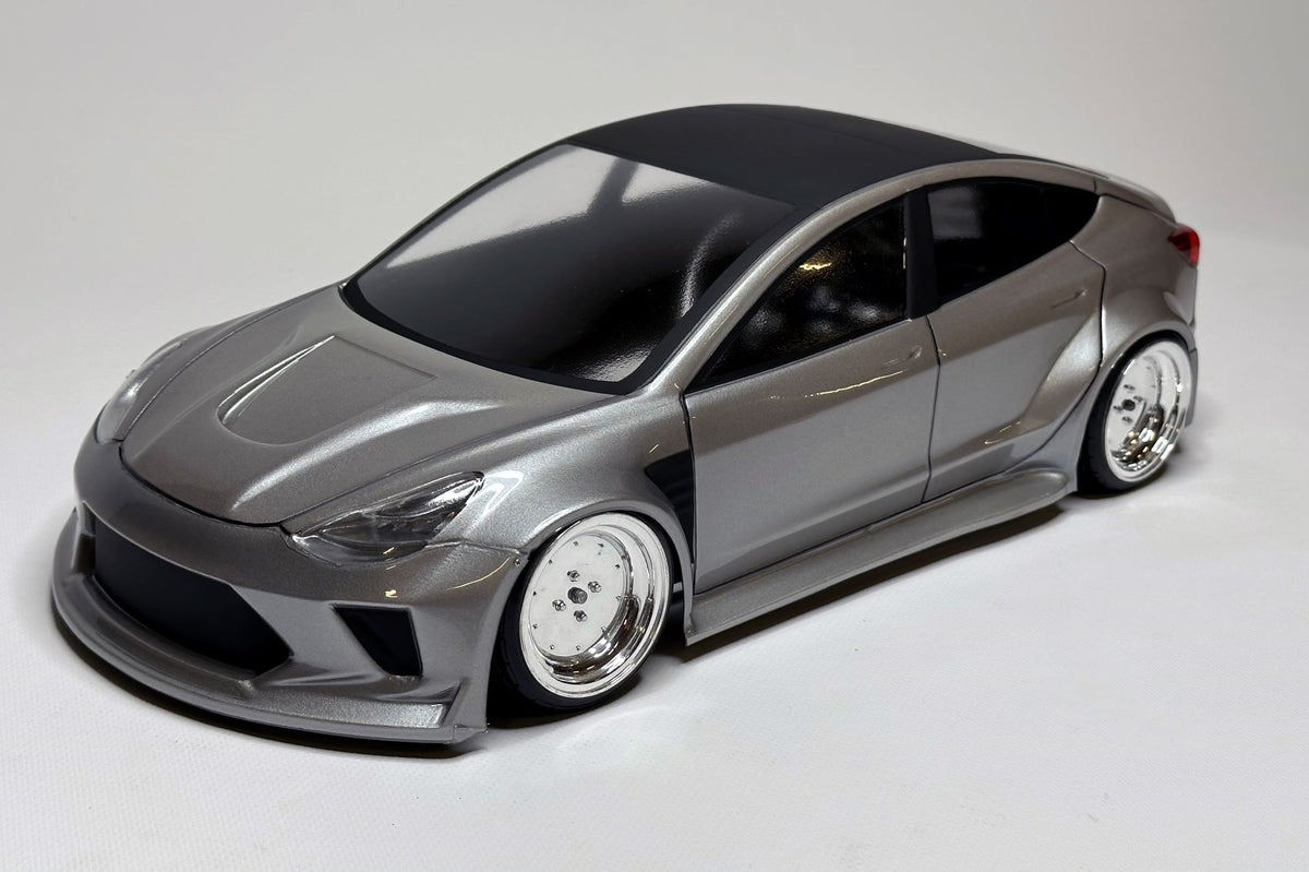 Tesla Model 3 1/10 RC body shell front view for 255–260mm wheelbase drift chassis