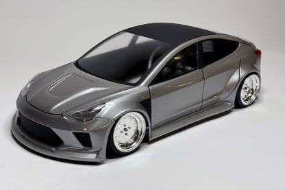 Tesla Model 3 1/10 RC body shell front view for 255–260mm wheelbase drift chassis