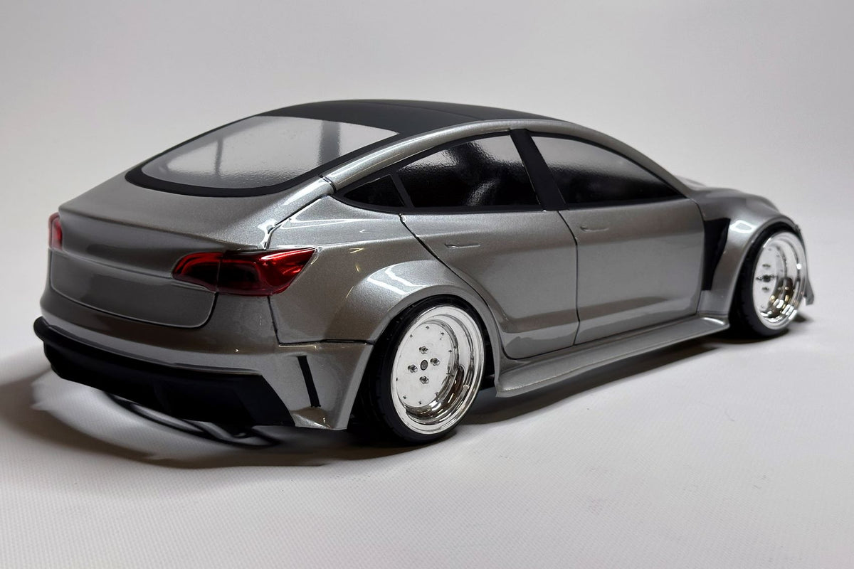 Tesla Model 3 1/10 RC body shell rear view with futuristic automotive styling