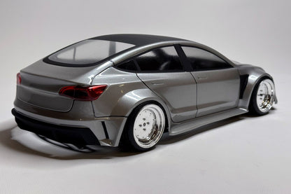 Tesla Model 3 1/10 RC body shell rear view with futuristic automotive styling
