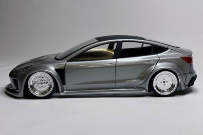 Tesla Model 3 Lexan RC body shell side profile showing contemporary performance sedan proportions