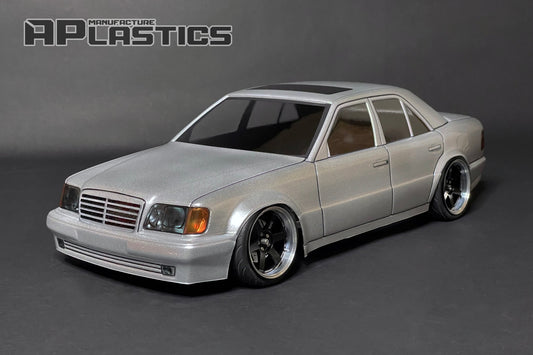 W124 E500 RC body shell front three-quarter view with iconic European performance sedan styling