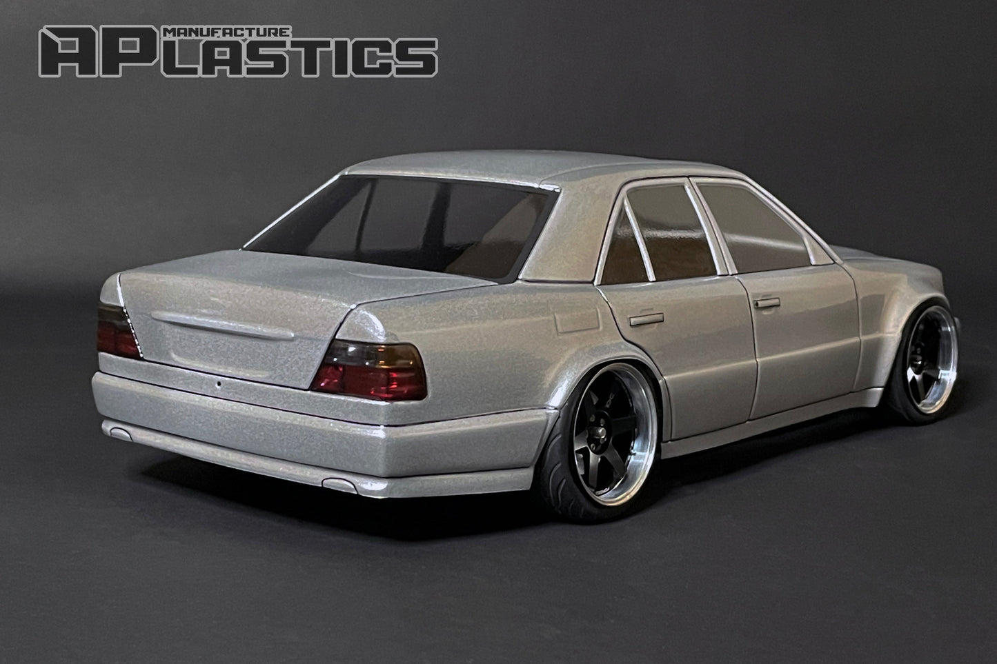 W124 E500 1/10 RC body shell rear view with timeless European sports sedan styling