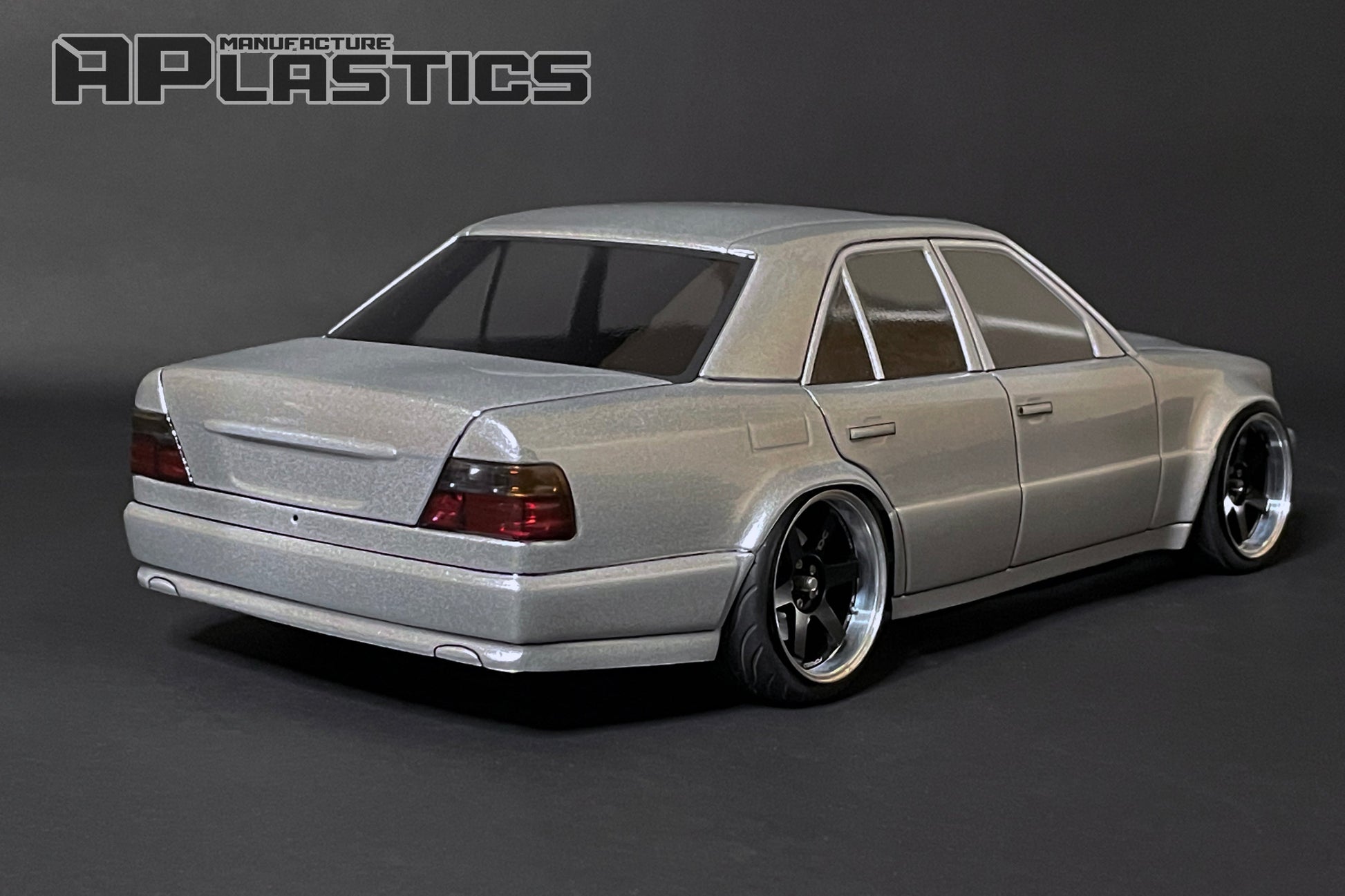 W124 E500 1/10 RC body shell rear view with timeless European sports sedan styling