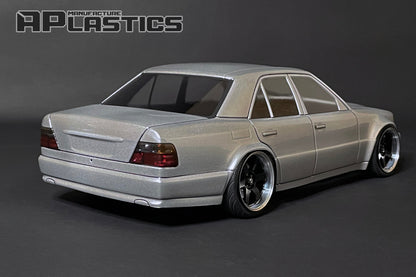 W124 E500 1/10 RC body shell rear view with timeless European sports sedan styling