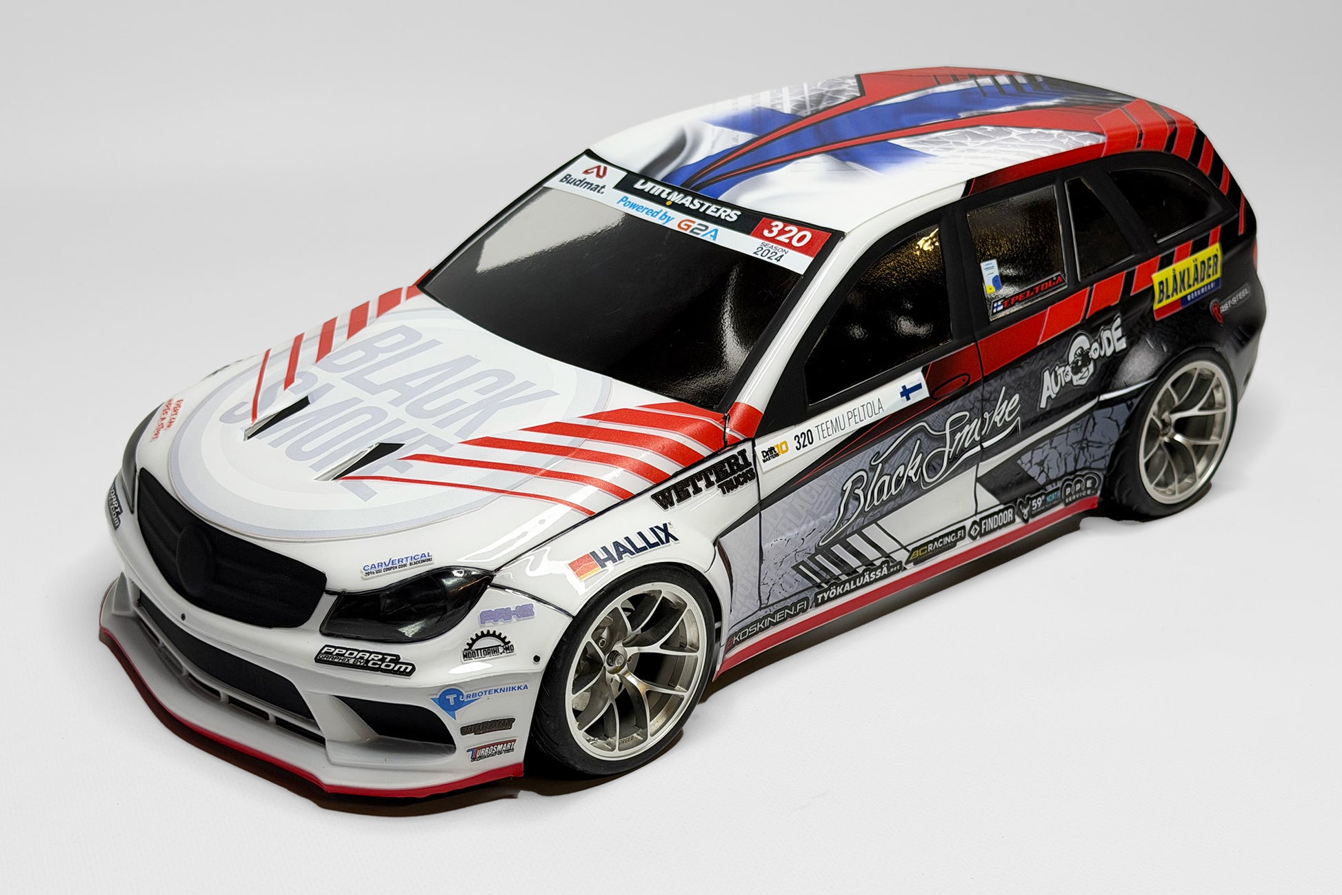 APlastics x Black Smoke Racing Mercedes 203.5 1/10 RC body shell front three-quarter view
