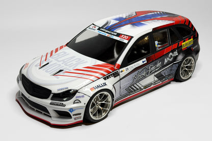 APlastics x Black Smoke Racing Mercedes 203.5 1/10 RC body shell front three-quarter view