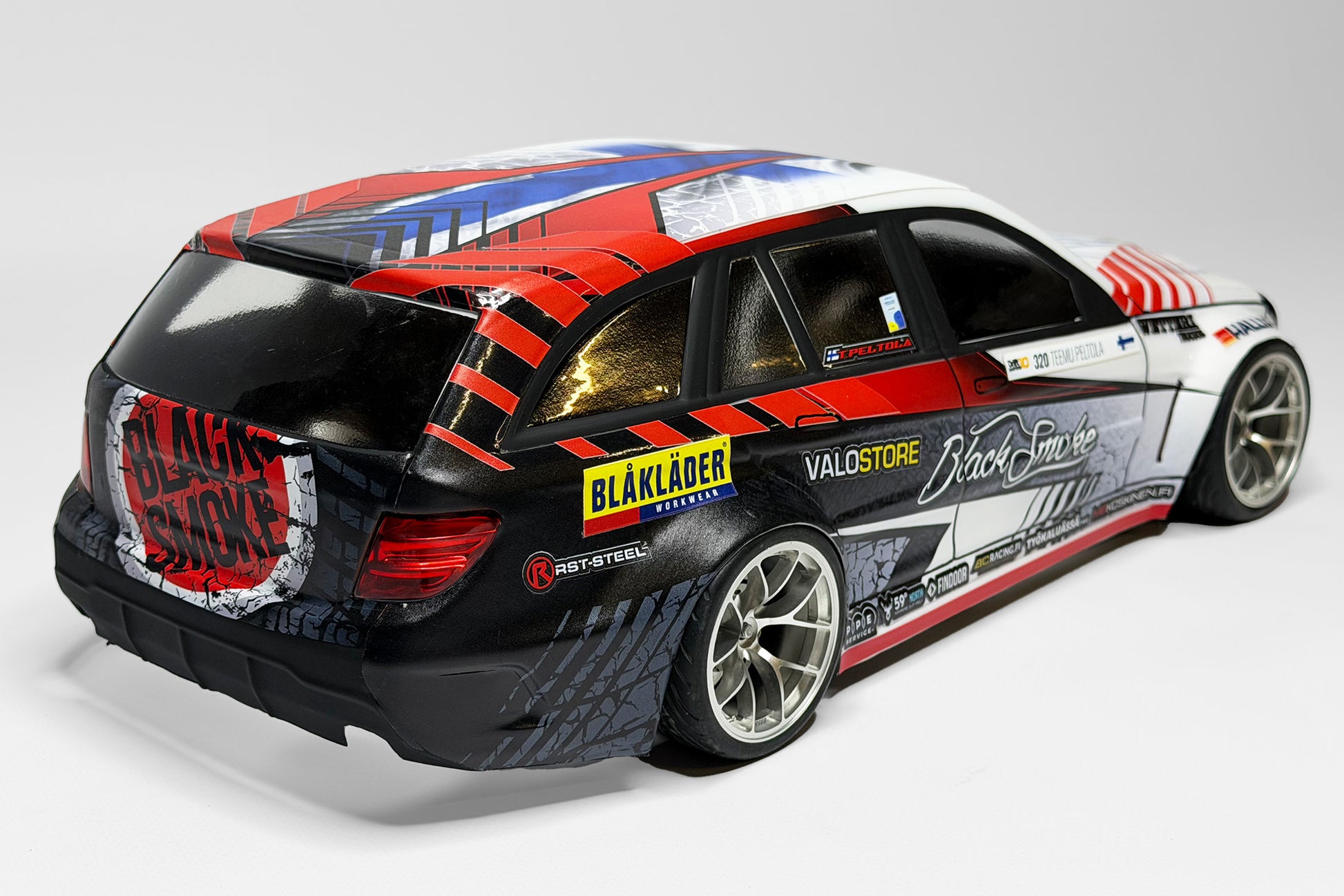 Mercedes 203.5 1/10 RC body shell by APlastics x Black Smoke Racing showing rear body details and light buckets