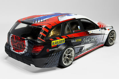 Mercedes 203.5 1/10 RC body shell by APlastics x Black Smoke Racing showing rear body details and light buckets